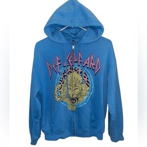 H&M Def Leopard Graphic Hoodie Light Blue pink Band Tee casual wear 80s Rocker